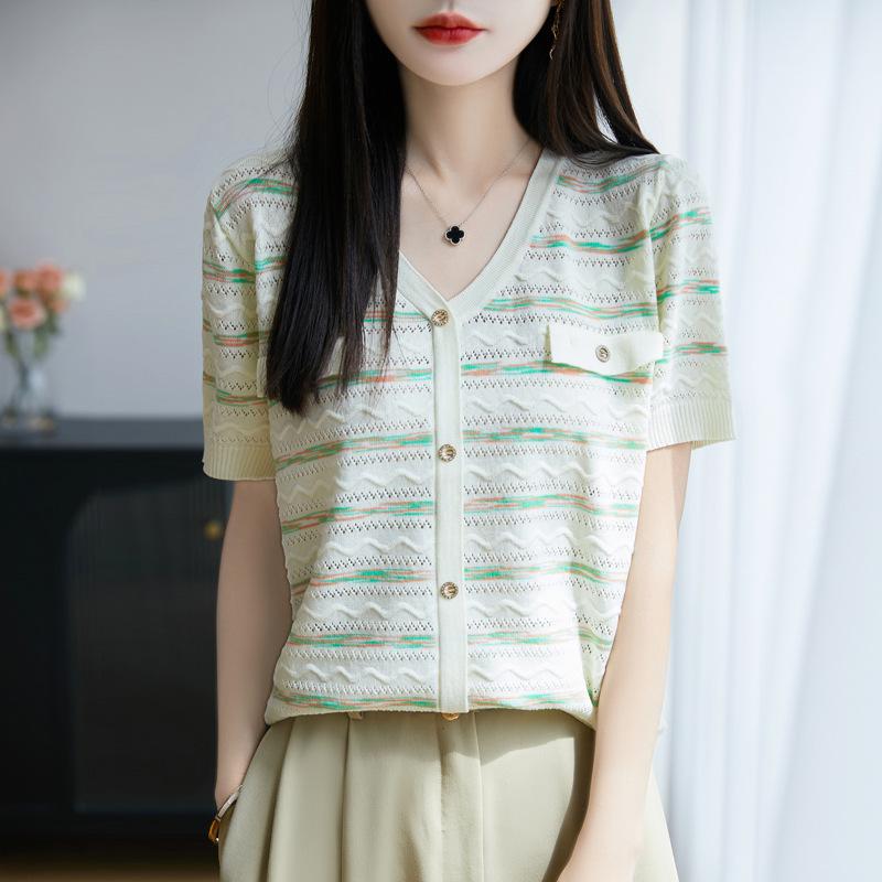 

Ice Silk весна-лето новая женская короткая модная футболка с V-образным вырезом тонкая основа короткий рукав XXL зелёный