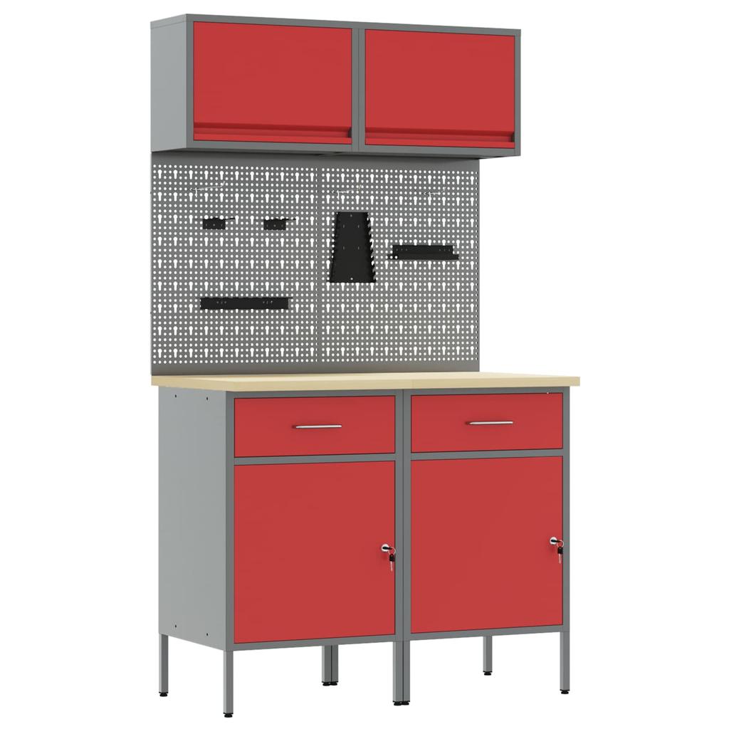 Workbench Cabinet Set with Drawers and Shelf 6 pcs Red