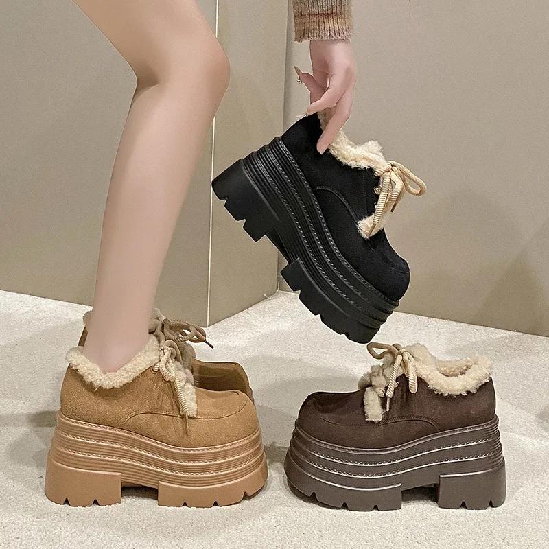 Fashion 10CM New Winter Women Warm Cotton Snow Shoes 2025 Fashion High Platform Sneakers Thick Heels Suede Leather Ladies Plush Pumps