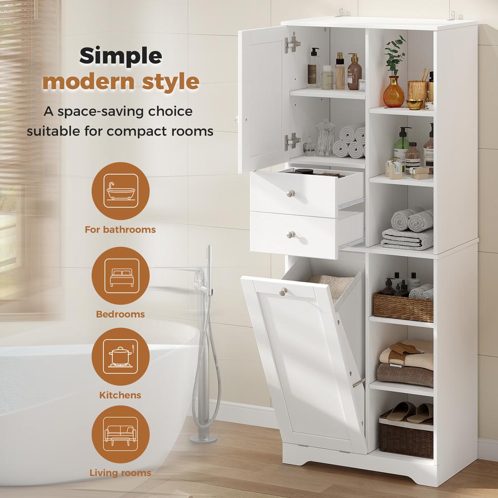 60×37×171 cm, Tall Bathroom Cabinet, MDF, 2 Drawers, Laundry Basket with Flap, Adjustable Shelves, Soft-Close Hinges, Tip-Over Protection, White.
