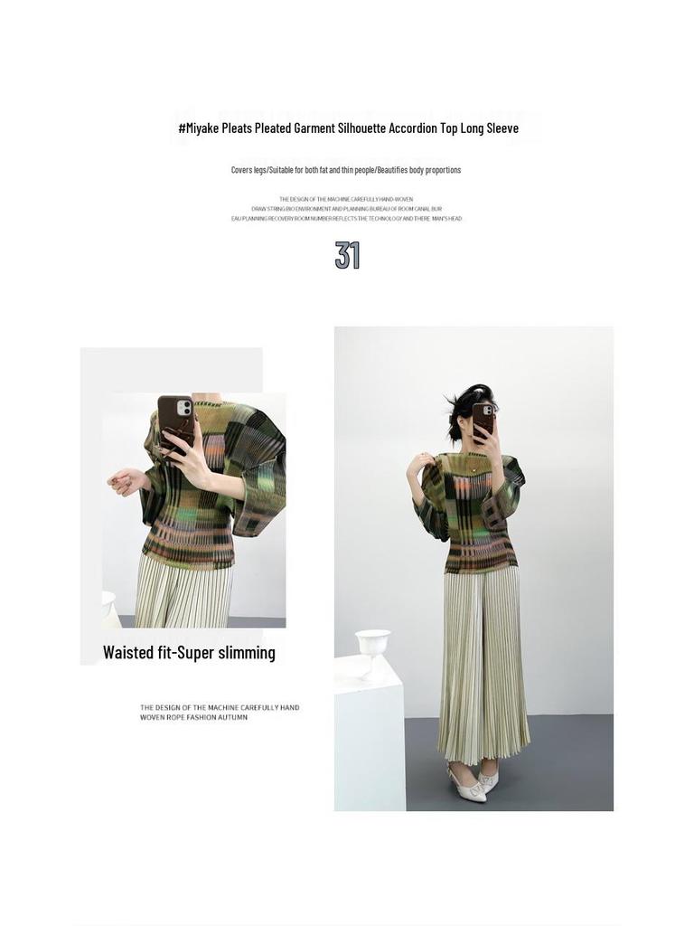 Miyake Pleats Akordeonový Top - Retro Color Block 7-rukávový Ležérní Krycí