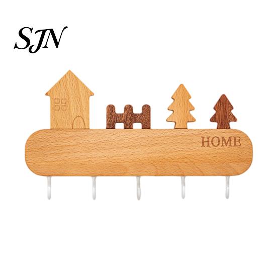 Wall Mounted Key Holder Wooden with 5 Hooks, Cartoon House Theme Organizer, Multi Adhesive Rack for Purpose Hanging Keys Pet Leashes And Hats