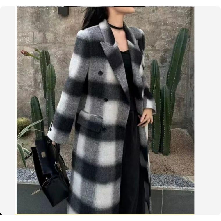 Women's Black White Plaid Wool Blend Long Coat British Style Elegant Versatile Autumn Winter