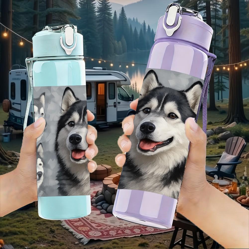 1PC Husky Dog Pet Animal Portrait Print 750ml Color Plastic Sports Water Bottle Leakproof Flip Straw Lid Suitable for Sports Office Home Use