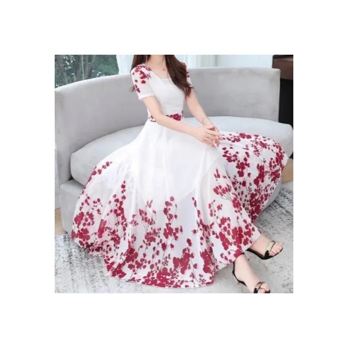 Elegantes Sommerkleid mit U-Ausschnitt, hoher Taille und A-Linie für Frauen mittleren Alters