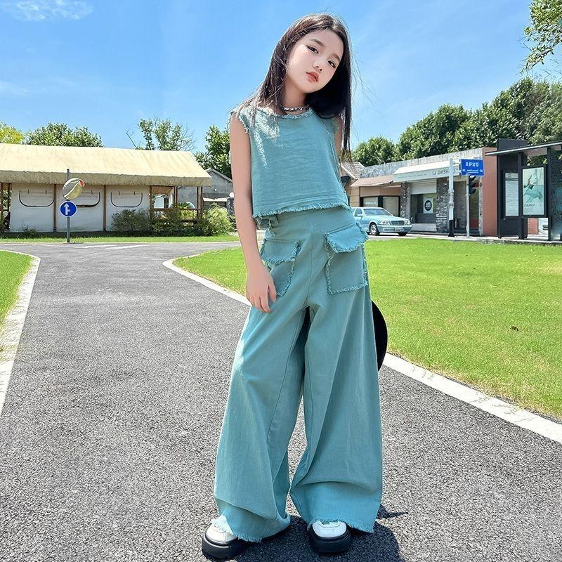 Women's Mid Size Summer Suit Fashionable Sleeveless Vest Children's Wide Leg Pants Fashionable Two-piece Set Trendy
