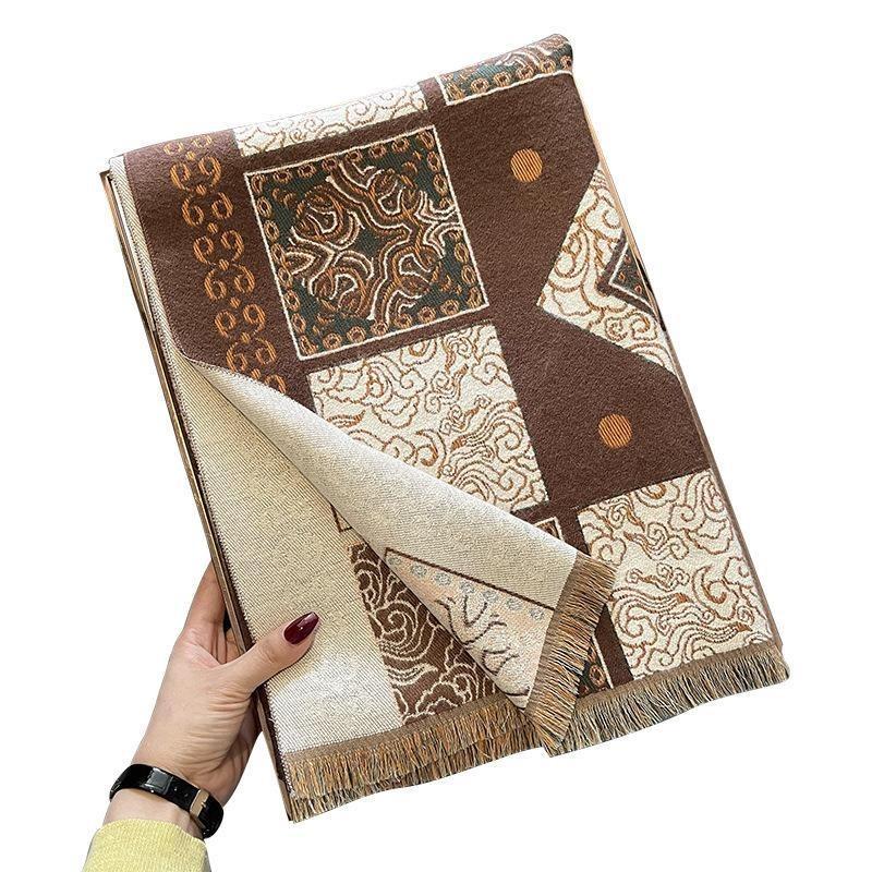 Imitation cashmere scarf women's autumn and winter new retro totem shawl thickened warm loose beard scarf