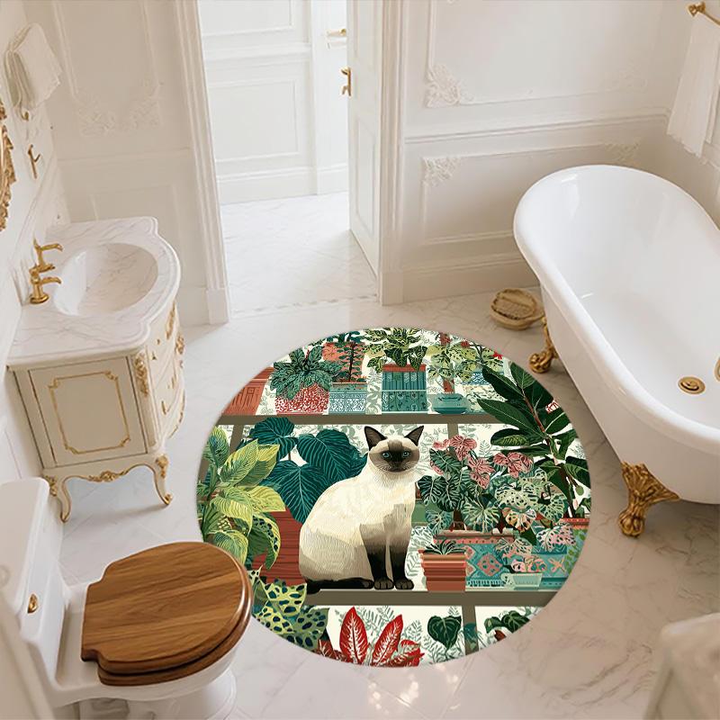 Plant Cat,Round Area Rug,Carpet Rug for Living Room Bedroom Sofa Playroom Decor,Non-slip Floor Mat
