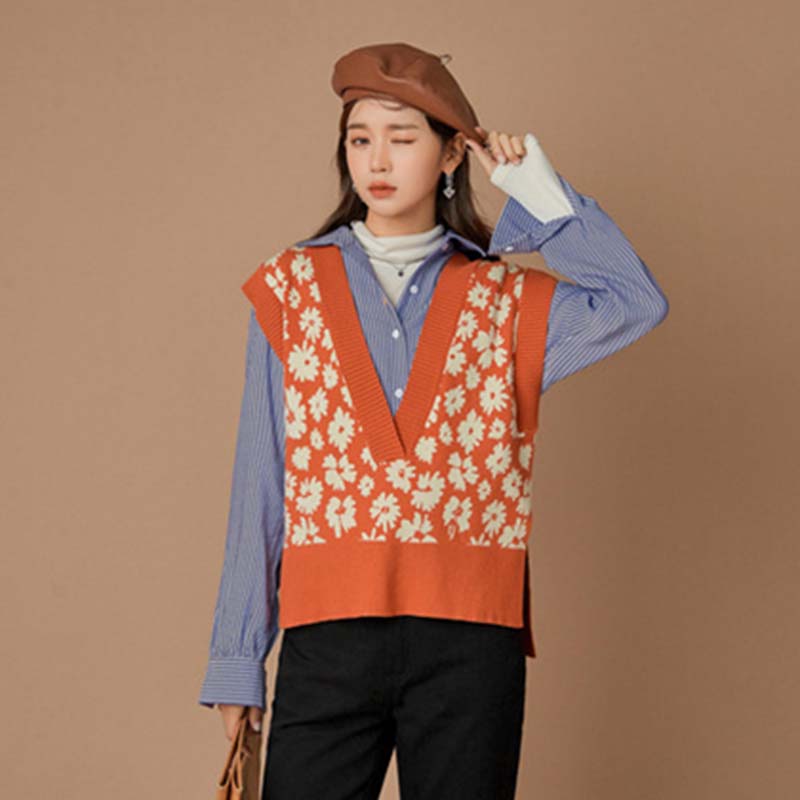 Floral Sweater Vest Women Autumn Winter Fashion Knitted Vest Sleeve Jackets  V Neck Woman Pullover Jumper Girl Sweater Retro English Wind