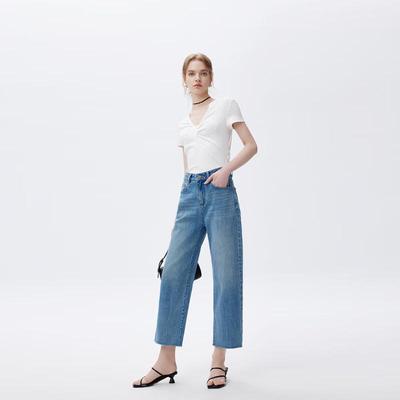 Fengxun FXKL7066 Women's Lycra Frayed Edge Straight Leg Jeans