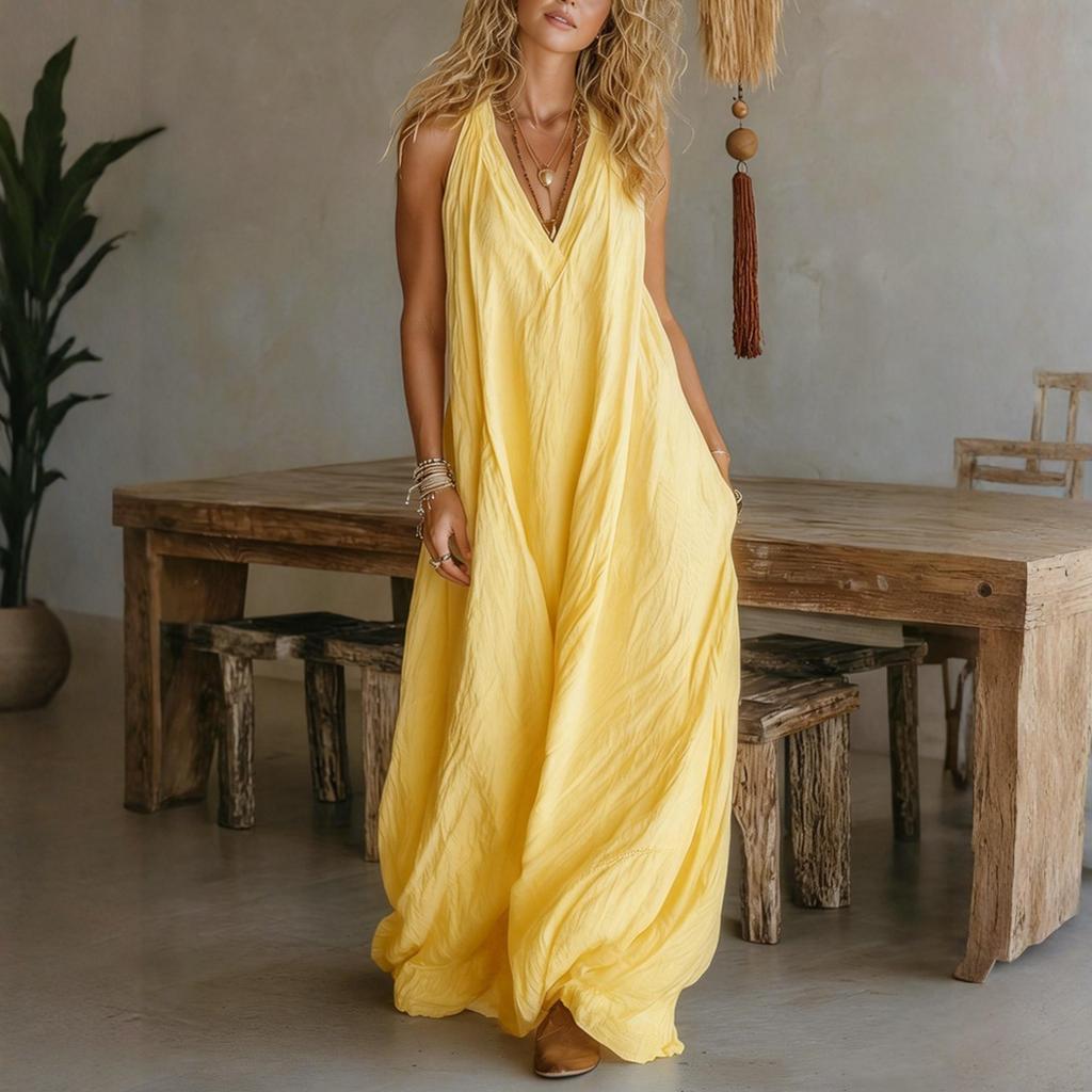 Women's Fashionable Casual Sleeveless Loose Pocket Long Dress