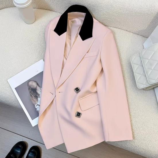 Damen Anzugjacke mit Revers, langen Ärmeln, Patchwork-Farbe, Anzugjacke mit Klappentaschen, lockere Passform, lässige Büro-Arbeitskleidung