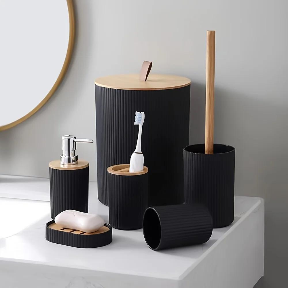 6 Piece Bathroom Set with Trash Can Toothbrush Holder Lotion Soap Dispenser Soap Dish Toilet Brush Bathroom Accessories Set