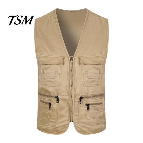 Safety Vest Coat Men Summer Cargo Waistcoat V-Neck Sleeveless Multi Pockets Sports Multi-pocket Solid Color Zipper Placket Volunteer L хаки