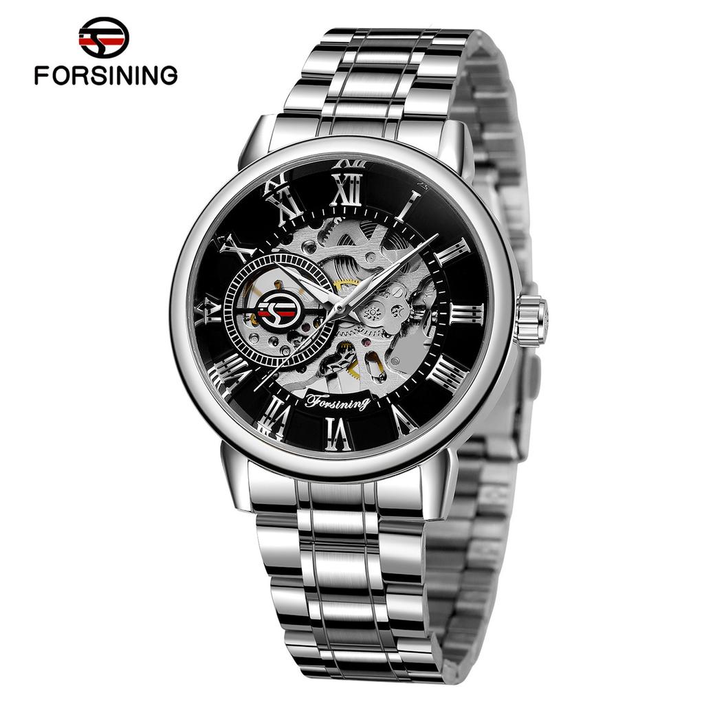 Forsining Men'S Fashion Casual Steel Belt Roman Hollow, Mechanical Watch