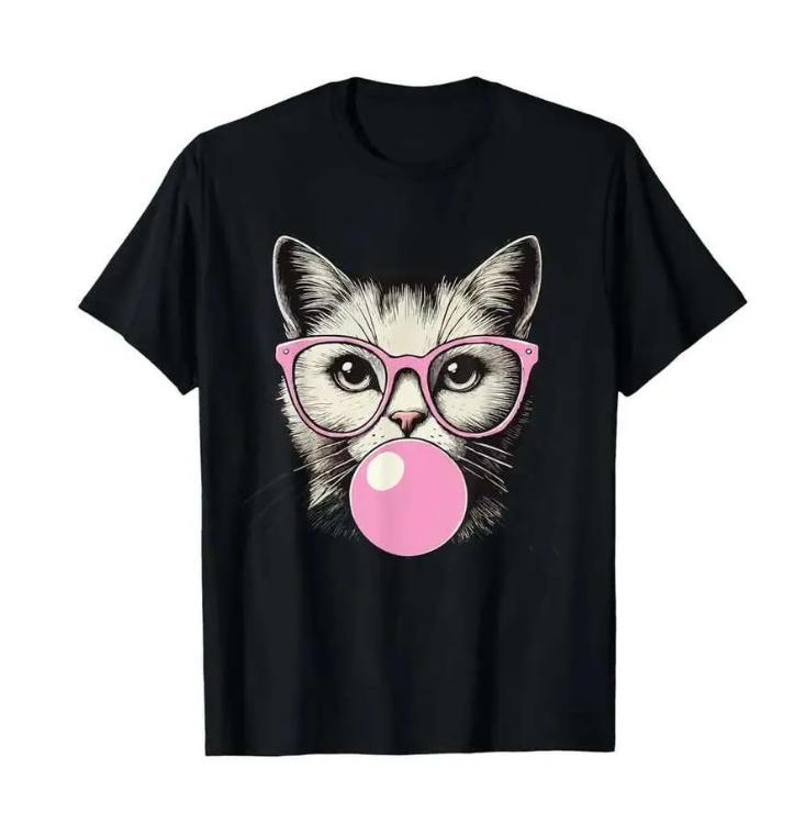 Cute Cat Playing Yarn Ball Shortsleeved Printed Tshirt Top Unisex Kawaii Kitten Cartoon Graphic Casual Streetwear for Women