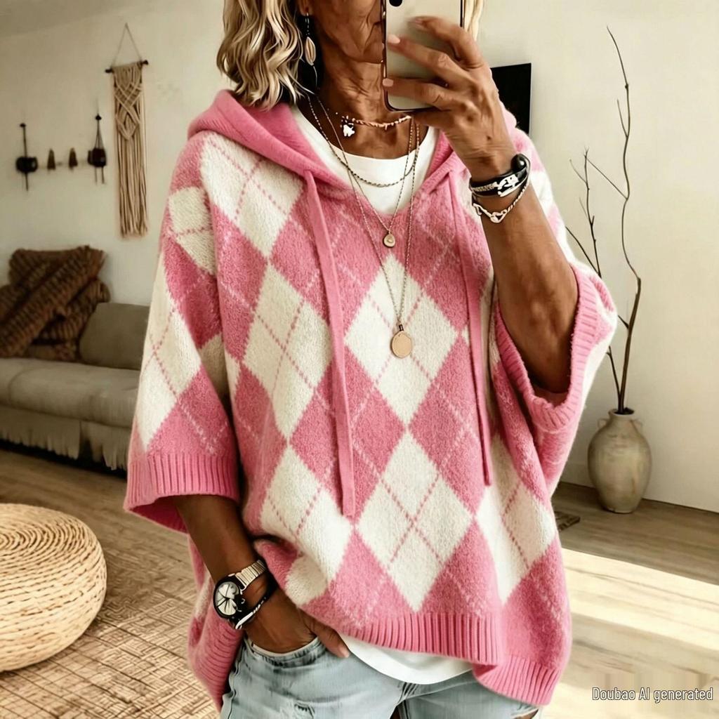 Autumn/Winter Diamond Plaid V-neck Hooded Women's Sweater - European & American Casual Knitwear.