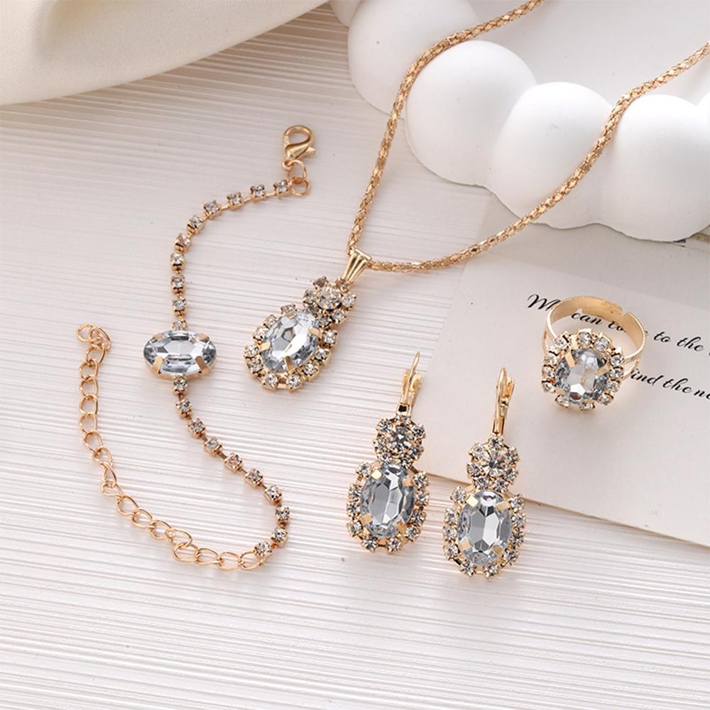 5 Piece Women Fashionable Versatile Temperament Personalized Diamond Embellishments Oval Necklaces Rings Bracelets Earrings Set