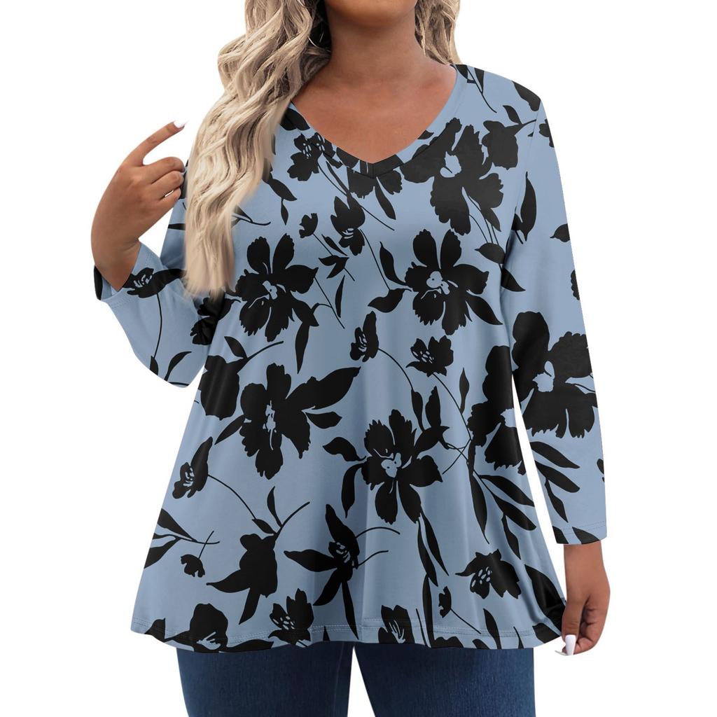 Modisches lässiges Langarm-Oberteil für Damen in Übergröße mit Blumenprint Übergröße Blumenprint-Oberteil