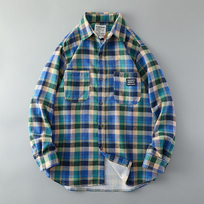 Brushed Long Sleeve Casual Export Parka Plaid Shirt Green grid M
