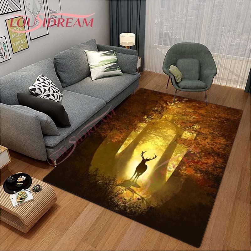 3D Cartoon Deer Rug Wildlife Mountain Landscape with Forest Carpet for Home Living Room Elk Carpet for Laundry Kids Play Carpets