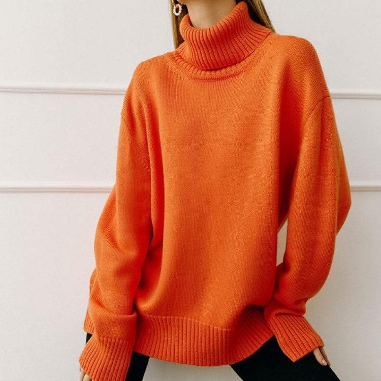 Damski jesienno-zimowy modny luźny sweter dzianinowy jednolity kolor długi rękaw pulower półwysoki kołnierz topy