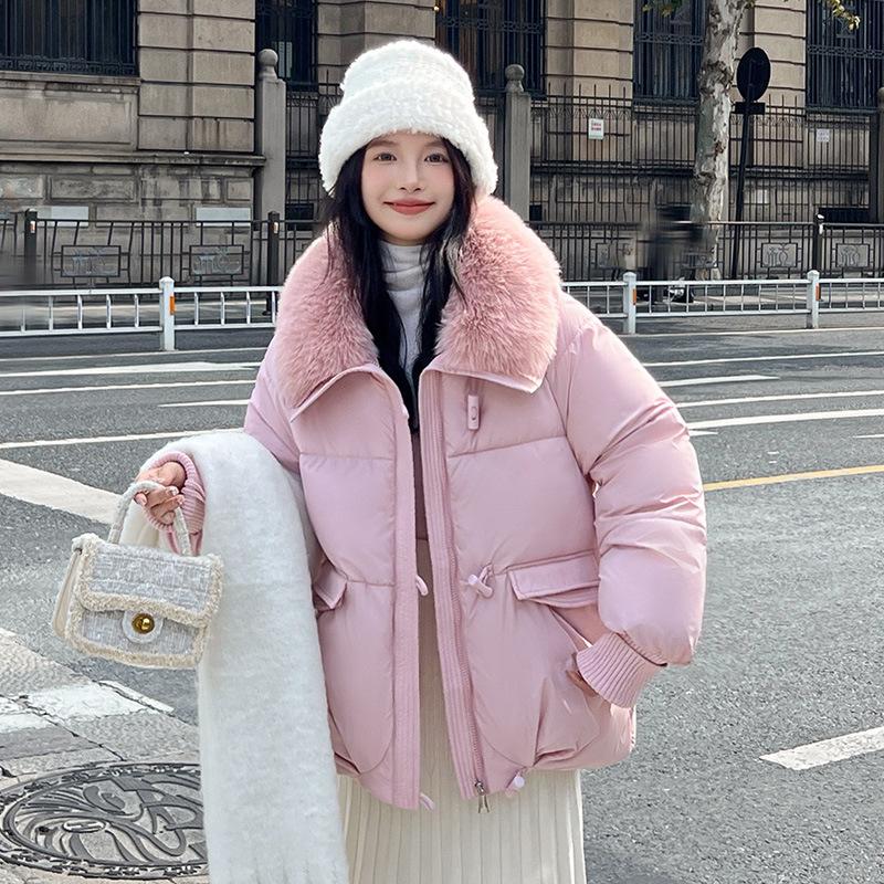 Jaqueta Curta de Algodão Acolchoado Feminina Inverno Gola Grande de Pele Solta Lapela Jaqueta Pão