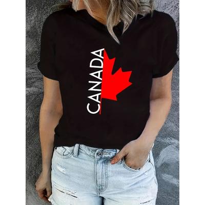 European Sizes Women's Casual Canada Flag Graphic T-Shirt - Bold Maple Leaf Print, Contrast Color Block Design, Regular Fit Round Neck