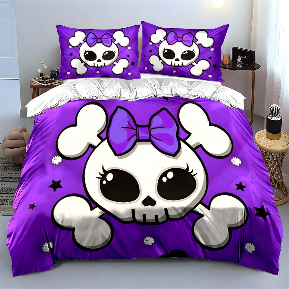 3Pc Cute Bow Crossbone Skull Duvet Cover Set,Purple Glitter Kawaii Bedding with 1 Duvet Cover 2 Pillowcases Single Double,Gift