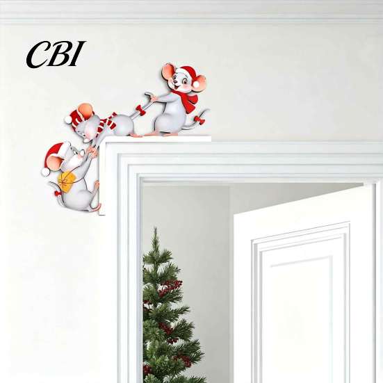 Waterproof Christmas Room Accents Cartoon Three Mice Wooden Door Frame Decor, Santa Mouse Easy Assembly Sign Corner Ornament, Xmas Party Home Holiday