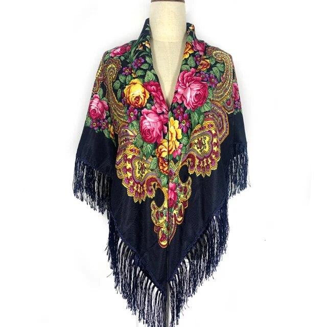 Women Russian Style Big Square Scarf Shawl Retro Fringed Cotton Print Scarves Hijab Wraps Ethnic Shawls Bandana