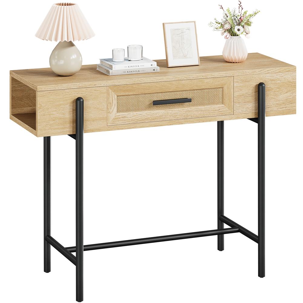 Rattan Console Table Rustic Sofa Tables Narrow Entryway Table with Drawer Storage Home Furniture for Living Room Bedroom Hallway
