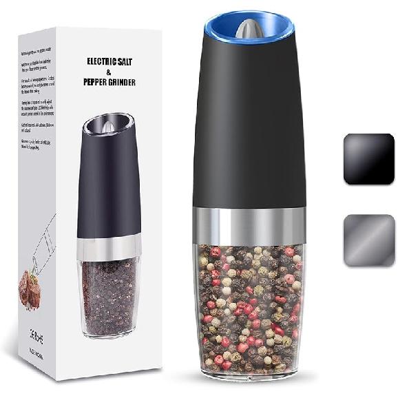 Gravity Electric Salt and Pepper Grinder set of 2, Automatic Salt And Pepper Grinder Set, Adjustable Roughness, Battery Powered, LED Light, 2 Pack, Battery/Single/Black