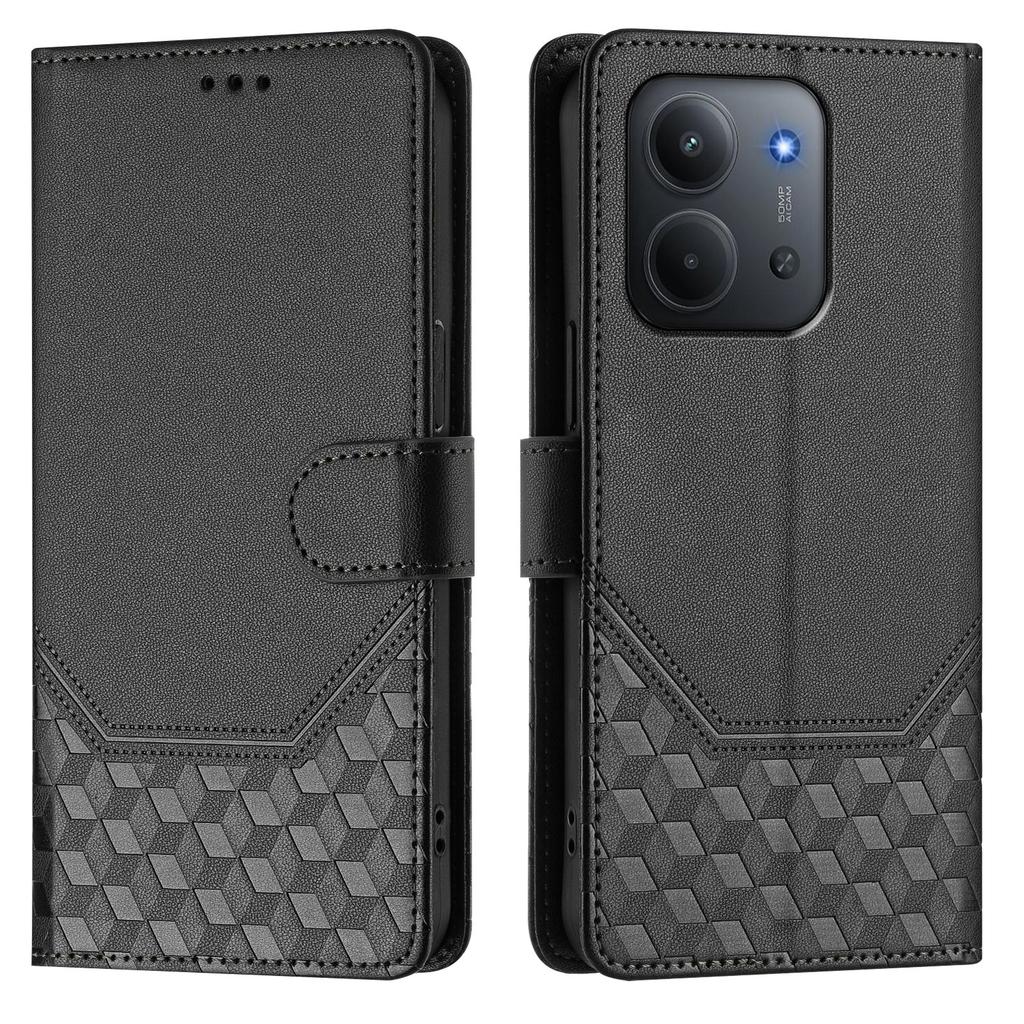 Für Xiaomi Redmi 15C 5G (EU) (173 mm)/Xiaomi Redmi 15C 4G (EU) (173 mm) Hülle mit geprägtem Wabenmuster, RFID-Blockierung, Leder-Handyhülle mit Riemen