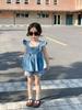 Summer 2024 Denim Vest and Puff Sleeve Camisole Top Set for Girls - Korean Children's Vertical Striped Shorts Collection
