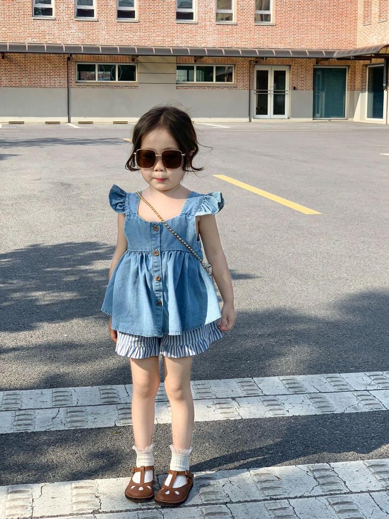 Summer 2024 Denim Vest and Puff Sleeve Camisole Top Set for Girls - Korean Children's Vertical Striped Shorts Collection