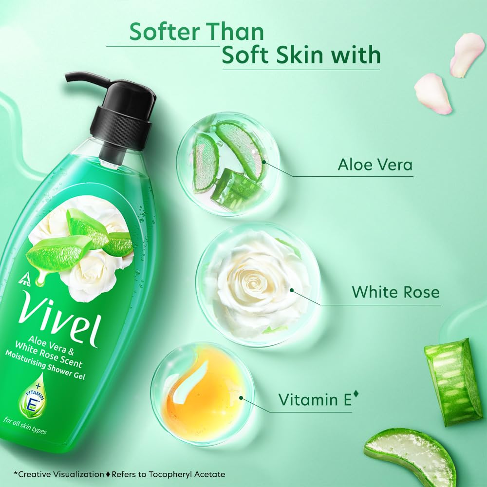 Vivel Aloe Vera White Rose Shower Gel 895 Ml Moisturizing Body Wash Plant Based Cleansers for All Skin Types