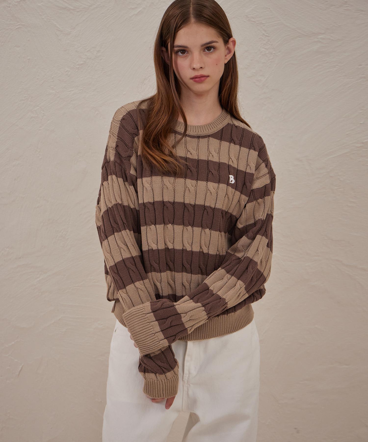 Belloel Daily Striped Round Neck Knit Brown Free