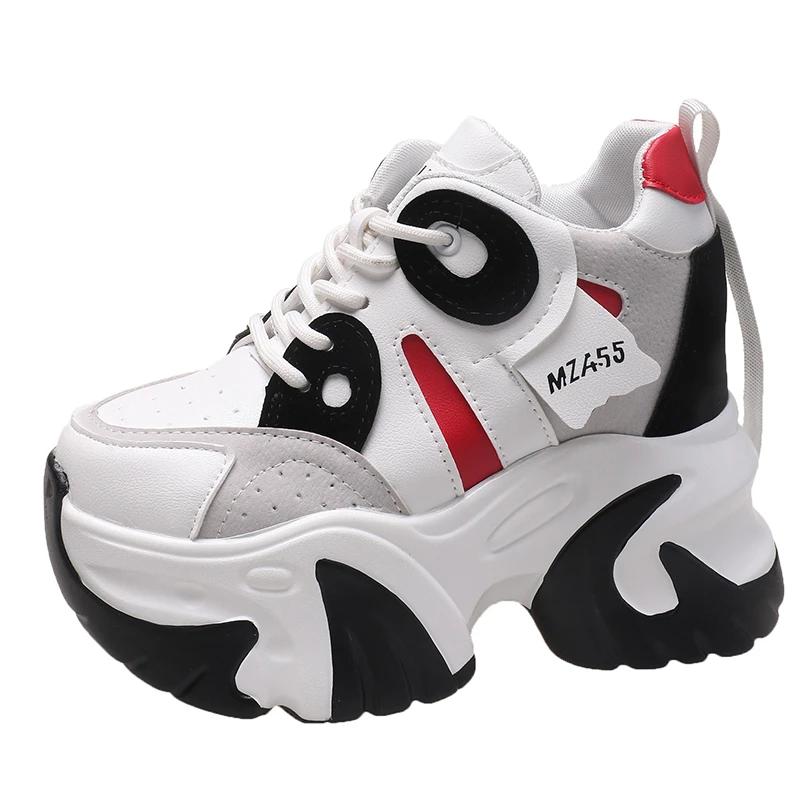 

Женские кроссовки для ходьбы 2024 Осень На шнуровке Высокая платформа Массивная обувь Дышащая кожаная обувь 10,5 см Клиновидный каблук Повседневная обувь 34 чёрный