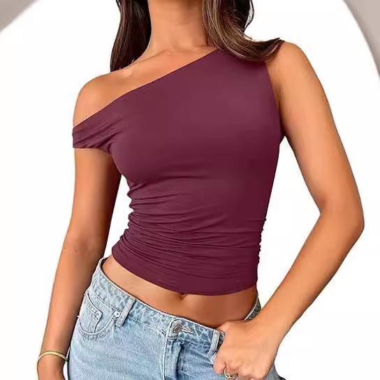 Slant Neck Top, Sexy Babes Slanted Shoulders, Solid Color Vest, Summer Women's Off-the-shoulder Pullover, Off-the-navel Women's Clothing