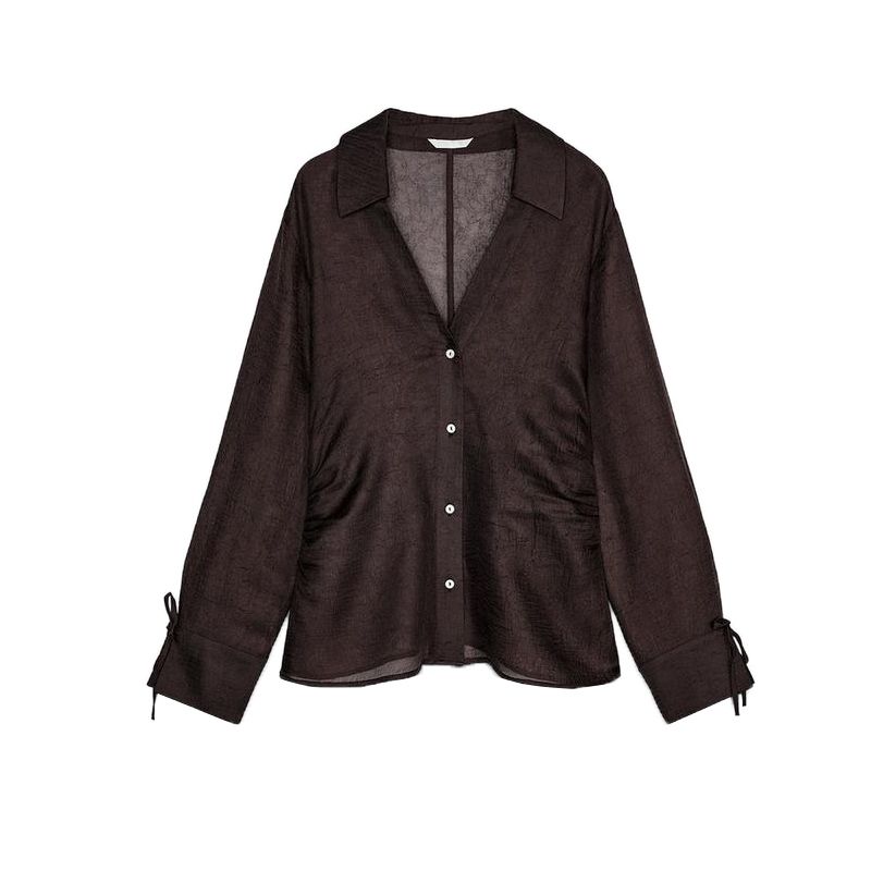 

Summer New Product Women clothes Western Style Bowknot Decoration Translucent Long sleeve V-neck Shirts Top 3666052 Dark brown L