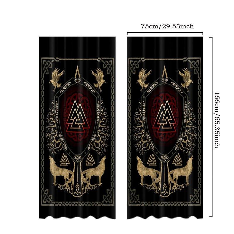 Set Of 2 Viking Shield Raven Wolf Light Blocking Curtains Black Red Gold Polyester Bedroom Living Room Office Curtain For Made Machine Washable