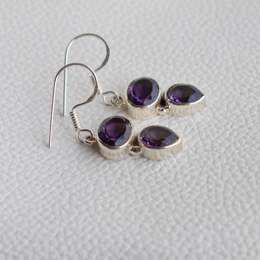 Natural Amethyst Earrings, 925 Sterling Silver Earrings, Gift for her, February Birthstone, Gemstone Earrings, Dual Stone Earrings