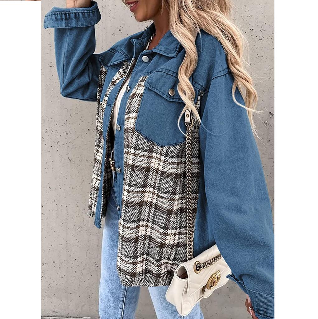 Autumn and Winter Women's Jeans Jackets, Denim Jacket Long Sleeved Checkered Button Down Shirt Jacket Top and Valve Pocket