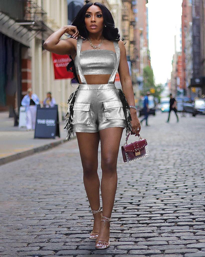 European and American Women’s Metallic Bandeau Fringe Suspender Shorts Set