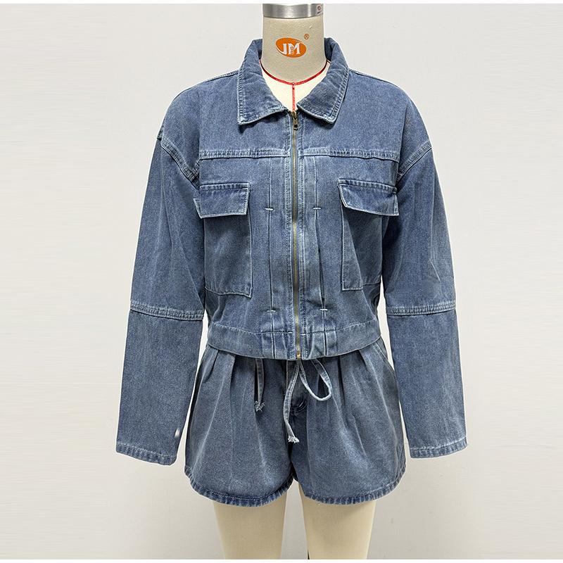 Women's Denim Two-Piece Sets 2025 Spring Summer Outfit Fashion Pockets Female Jean Jackets Loose Shorts Solid Color New Matching Sets