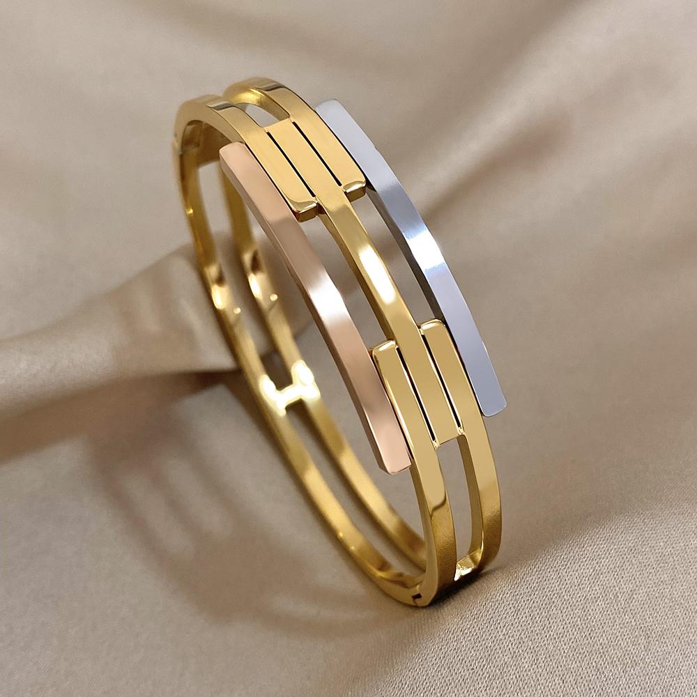 Stainless Steel Chunky Geometric Intersect Bracelets for Women Men Layered Gold Silver Color Rose Gold Hit Colors Bangles
