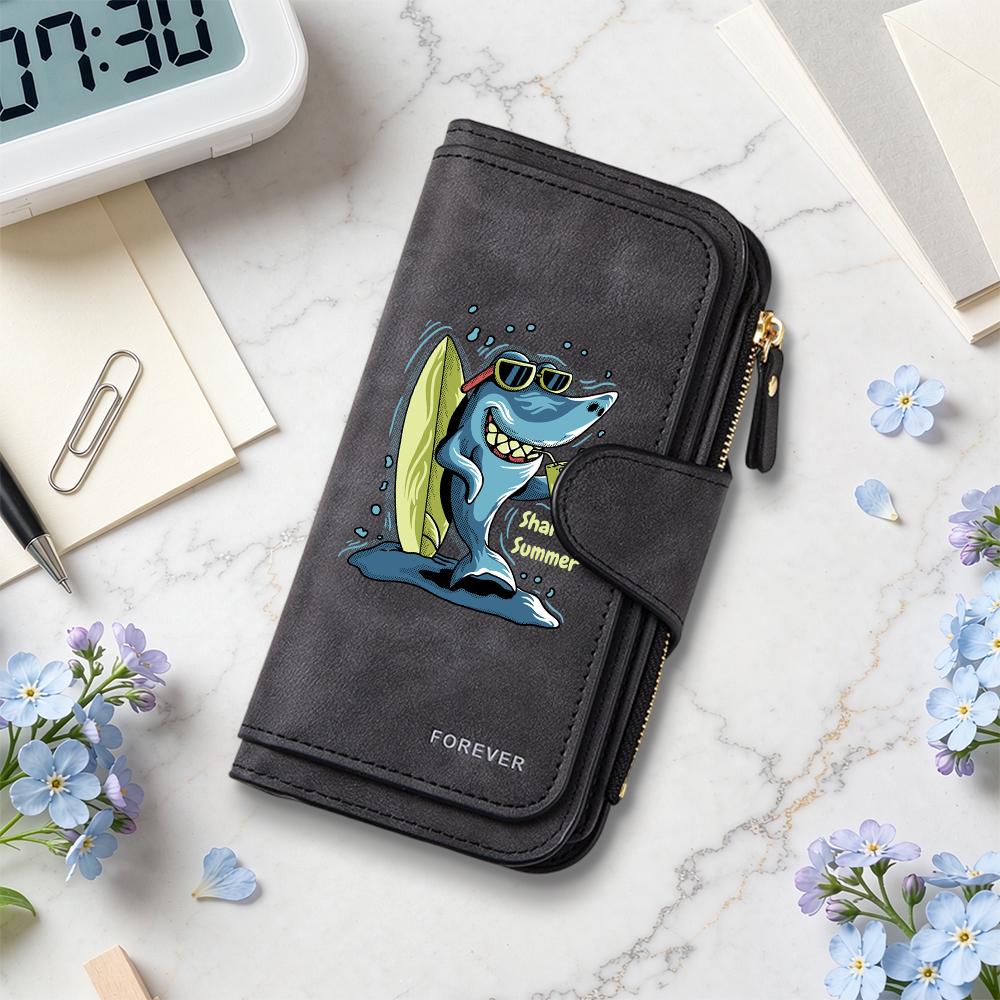 Cute Shark Print Long Wallet Fashion Multi Slot Card Holder Casual Portable Zipper Purse for Daily Use