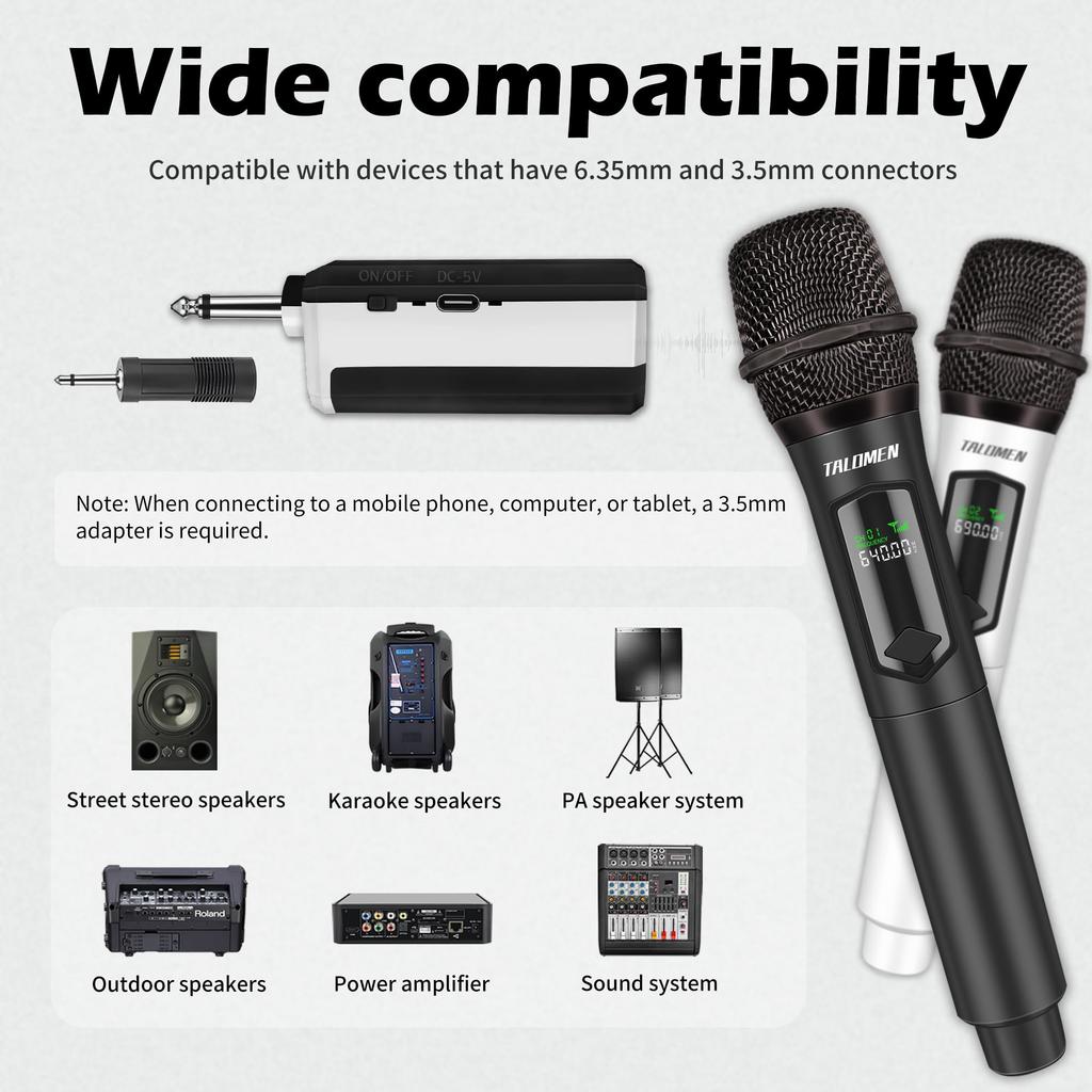 TALOMEN K602 Wireless Karaoke Microphone, Moving Coil Microphone with 6.35mm Receiver, 50M Range, 10 Hours of Battery Life, Wireless Microphone Kit