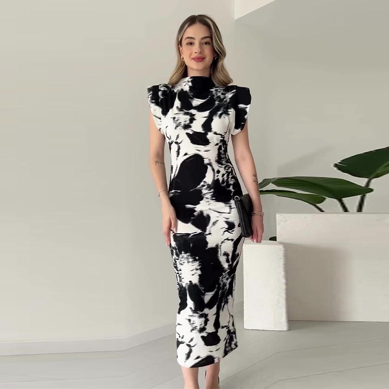2024 Summer Women's Color Block Fly Sleeve Bodycon Long Dress